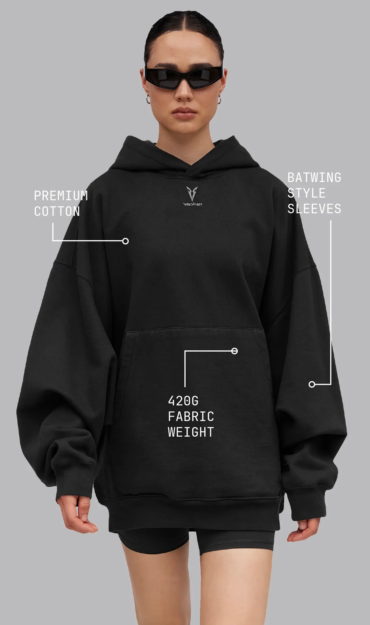 V_LYFE420 LONGLINE HOODIE - Black