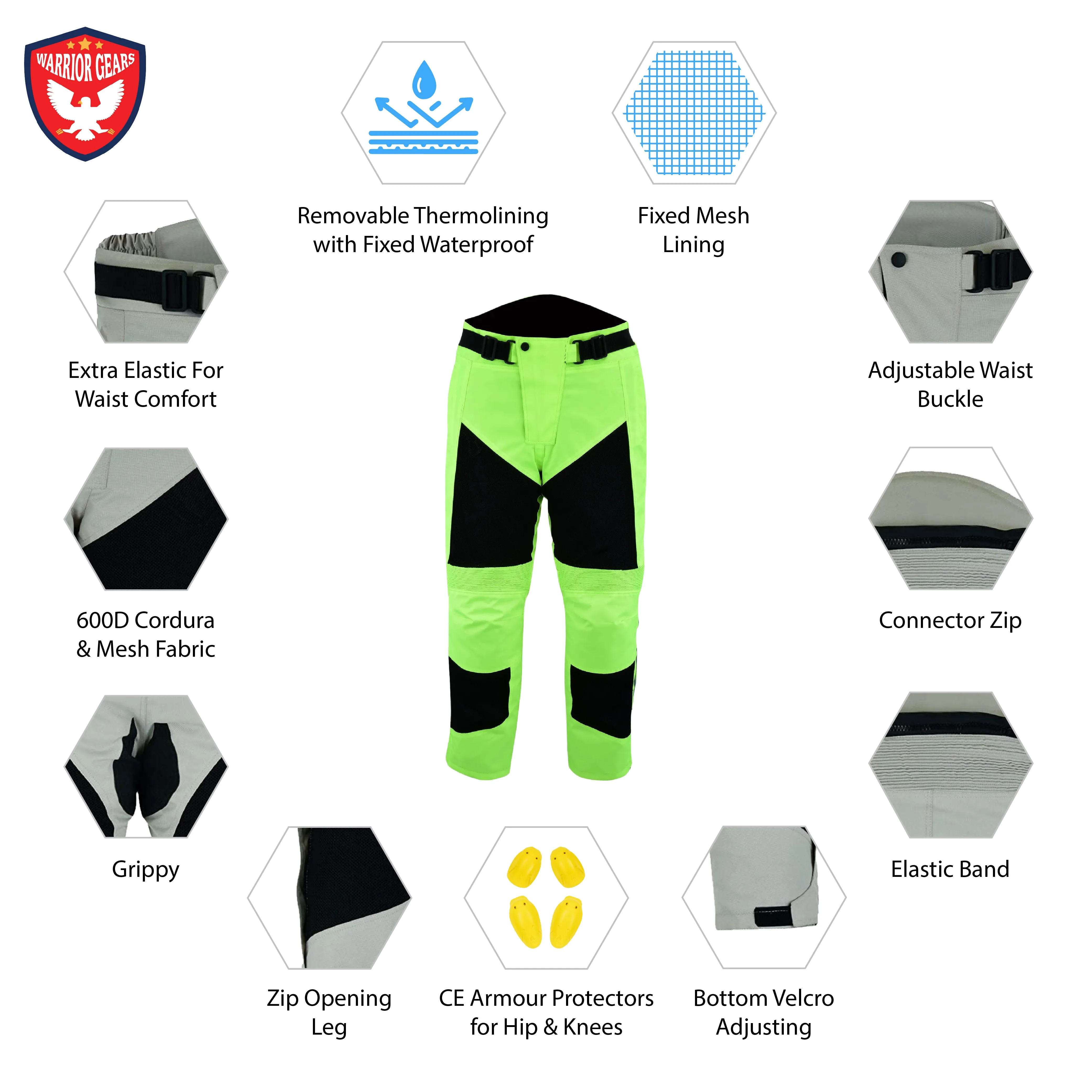 Warrior Gears® Air Mesh Motorbike Suits for Men, Breathable Textile Motorbike Jacket and Trouser with Removable Lining and CE Armours -Hivis & Black