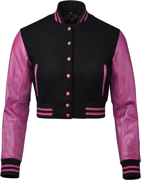 Warrior Gears Cropped Varsity Jacket Women - Premium Quality Leather and Wool Baseball Letterman Jacket for Women's, Long Sleeve - Black Wool Body and Purple Leather Sleeves