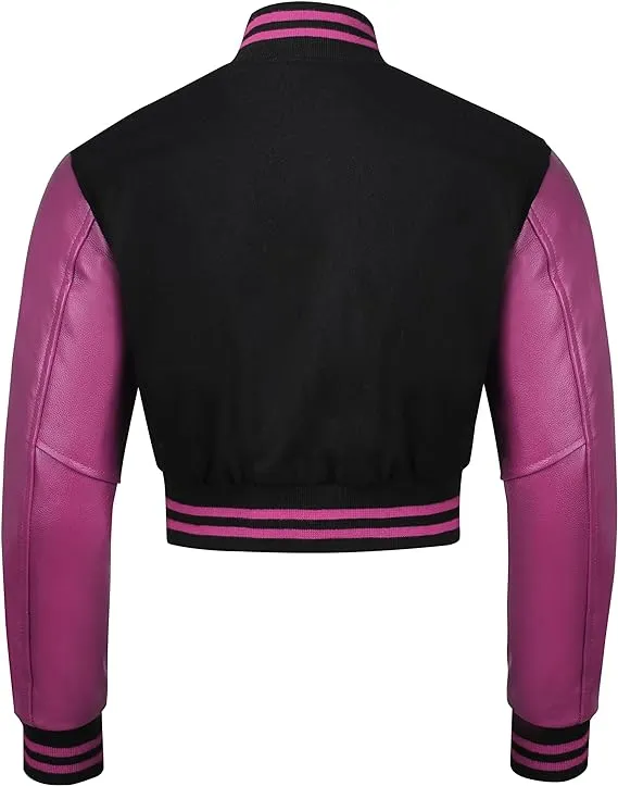 Warrior Gears Cropped Varsity Jacket Women - Premium Quality Leather and Wool Baseball Letterman Jacket for Women's, Long Sleeve - Black Wool Body and Purple Leather Sleeves