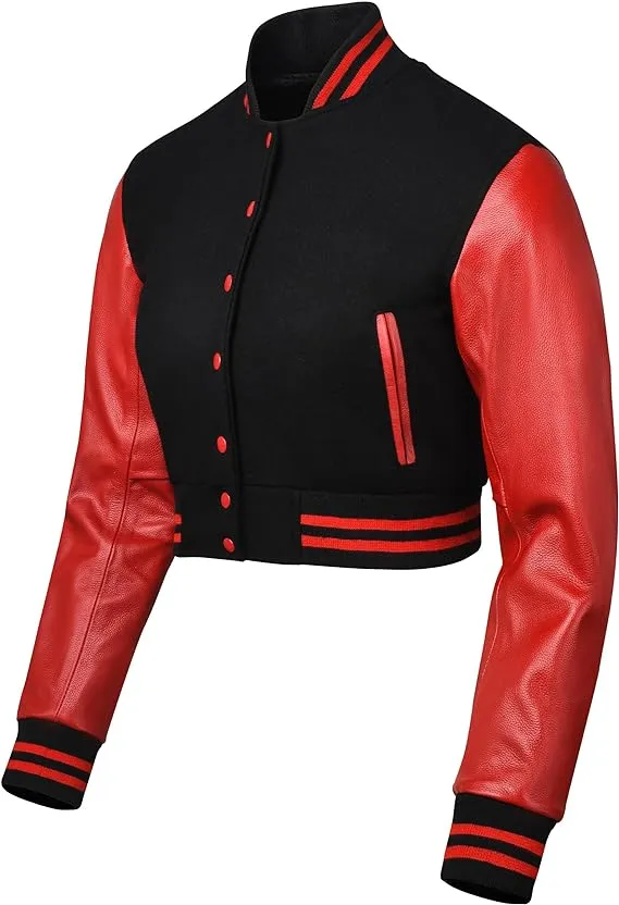 Warrior Gears Cropped Varsity Jacket Women - Premium Quality Leather and Wool Baseball Letterman Jacket for Women's, Long Sleeve - Black Wool Body and Red Leather Sleeves