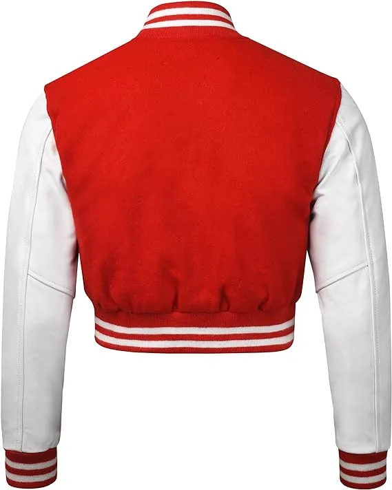 Warrior Gears Cropped Varsity Jacket Women - Premium Quality Leather and Wool Baseball Letterman Jacket for Women's, Long Sleeve - Red Wool Body and White Leather Sleeves