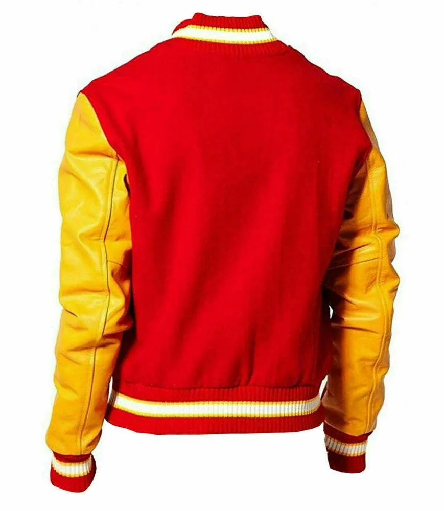 Warrior Gears® Varsity Jacket Michael Jackson M Logo Red Wool Letterman Varsity Yellow Leather Sleeves Jacket