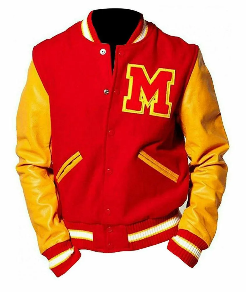 Warrior Gears® Varsity Jacket Michael Jackson M Logo Red Wool Letterman Varsity Yellow Leather Sleeves Jacket