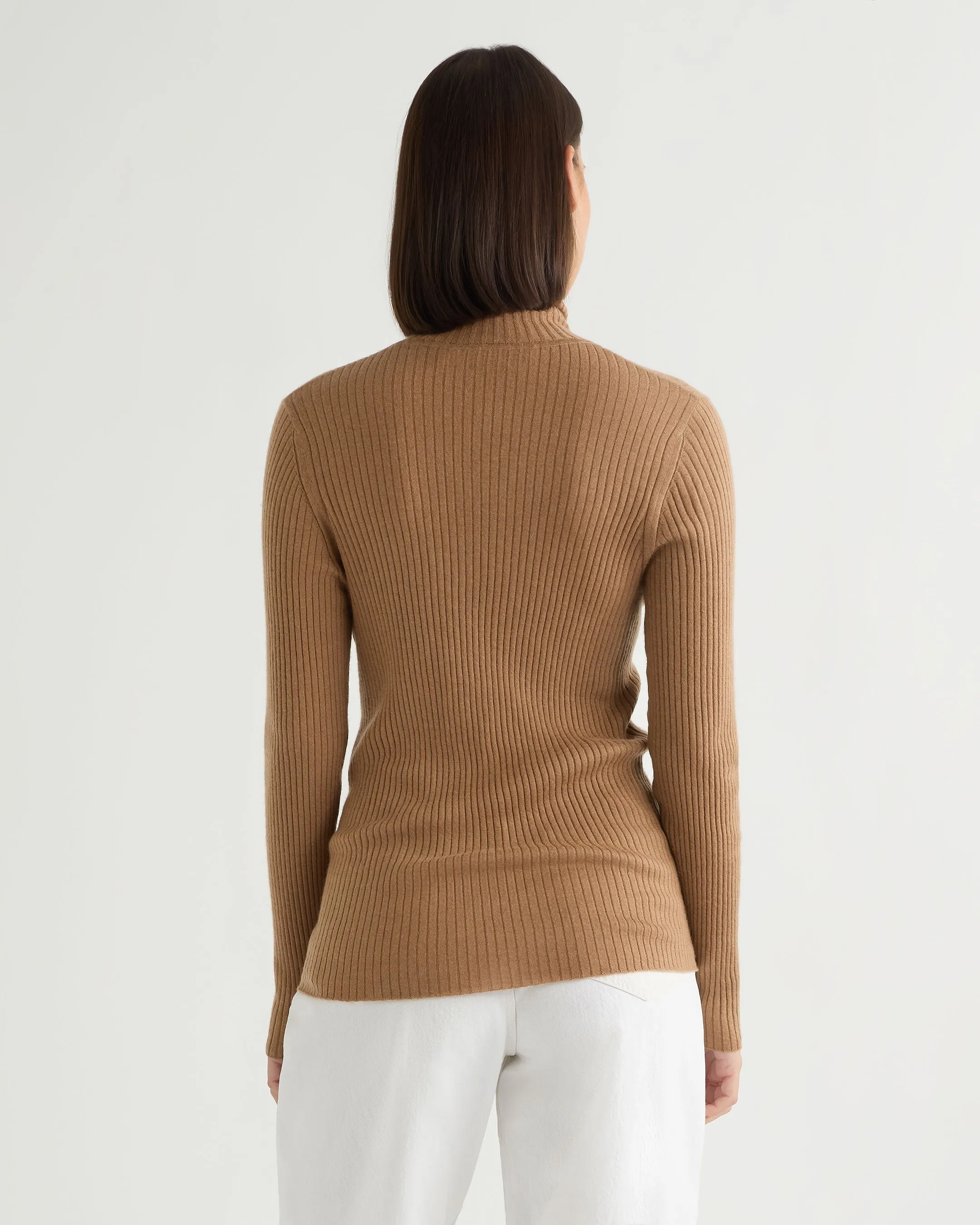 Women's Superfine Cashmere Ribbed Turtle Neck Sweater Dark Camel Brown