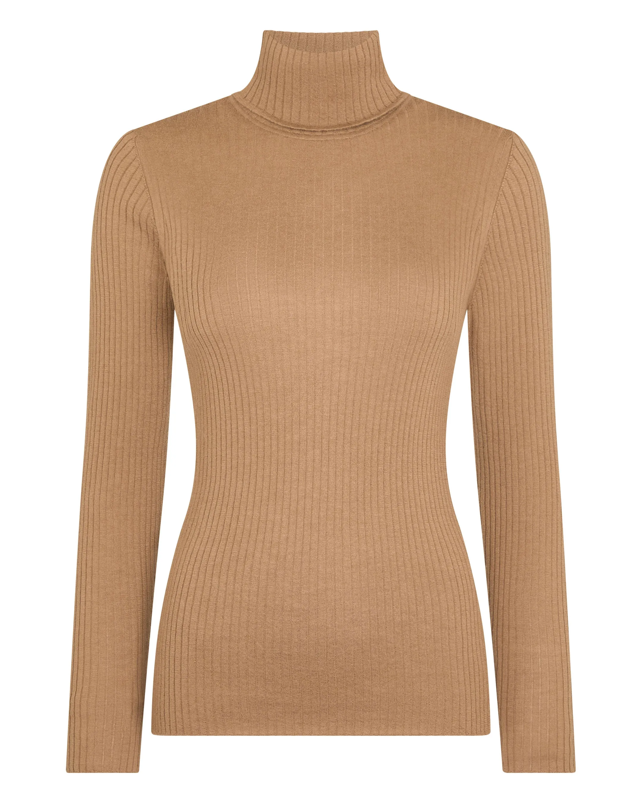 Women's Superfine Cashmere Ribbed Turtle Neck Sweater Dark Camel Brown